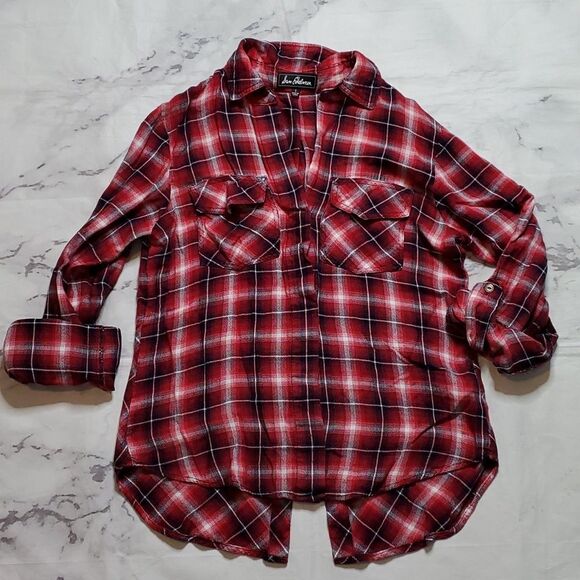 Sam Edelman Red Plaid Button Up with Zipper Cold Shoulders - Picture 1 of 5